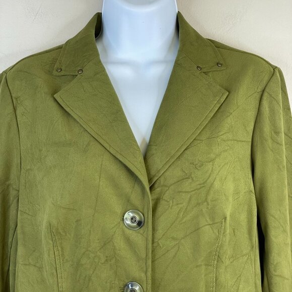 Vintage Womens Button Up Jacket Blazer Sz M OLIVE GREEN Crinkle Studded L/S - Picture 2 of 13